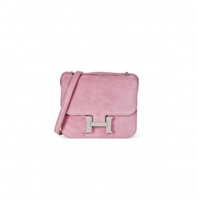 HERMES A ROSE INDIENNE VEAU DOBLIS SUEDE MINI CONSTANCE WITH PALLADIUM HARDWARE 436576 (18*14.5*6cm)